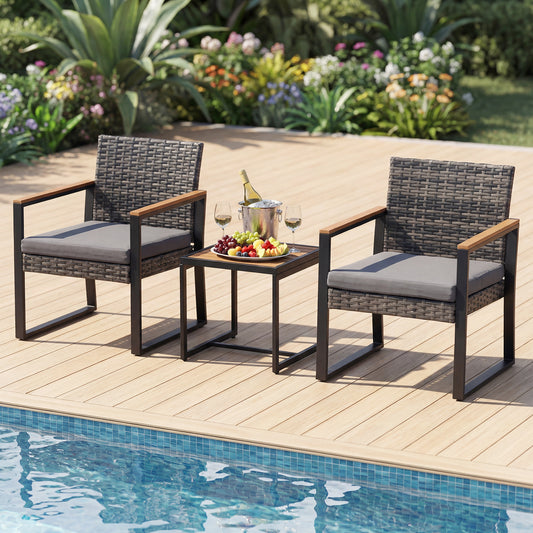 3-Piece PE Wicker Patio Set with Soft Cushion and Side Table for Balcony-Grey