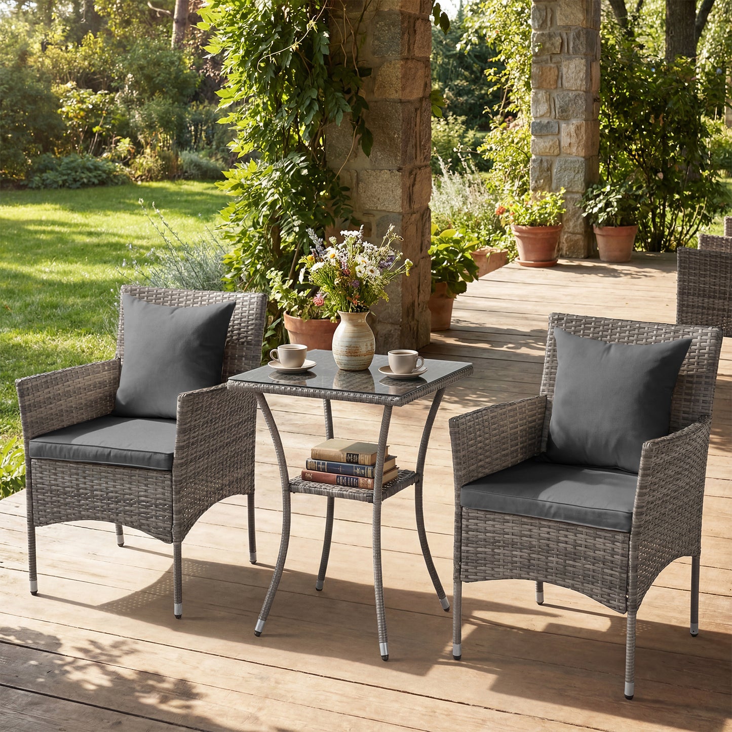 3 Pieces Patio Wicker Bistro Set 2 Rattan Chairs with Double-Tier Tempered Glass Table-Grey
