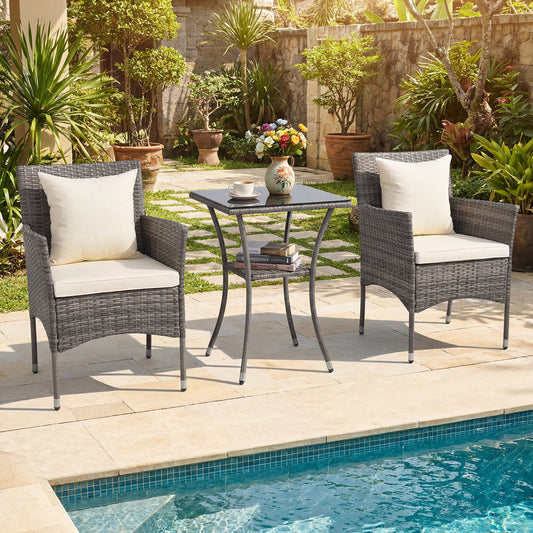 3 Pieces Patio Wicker Bistro Set 2 Rattan Chairs with Double-Tier Tempered Glass Table-Off White
