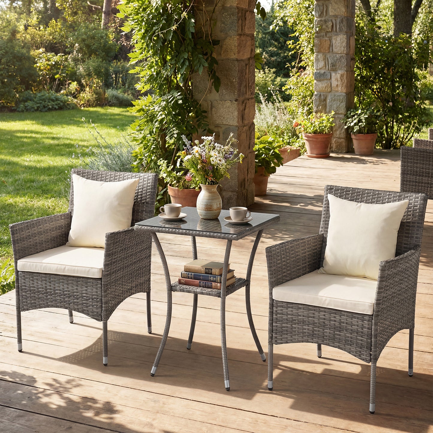 3 Pieces Patio Wicker Bistro Set 2 Rattan Chairs with Double-Tier Tempered Glass Table-Off White