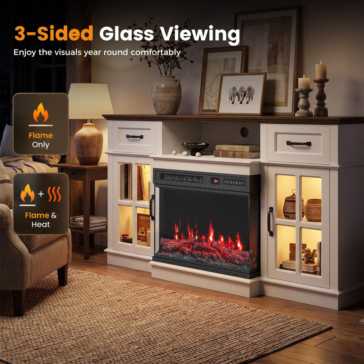 3-Sided Built-in Electric Fireplace Insert with 12 Flame Colours Thermostat and 8H Timer-61 cm