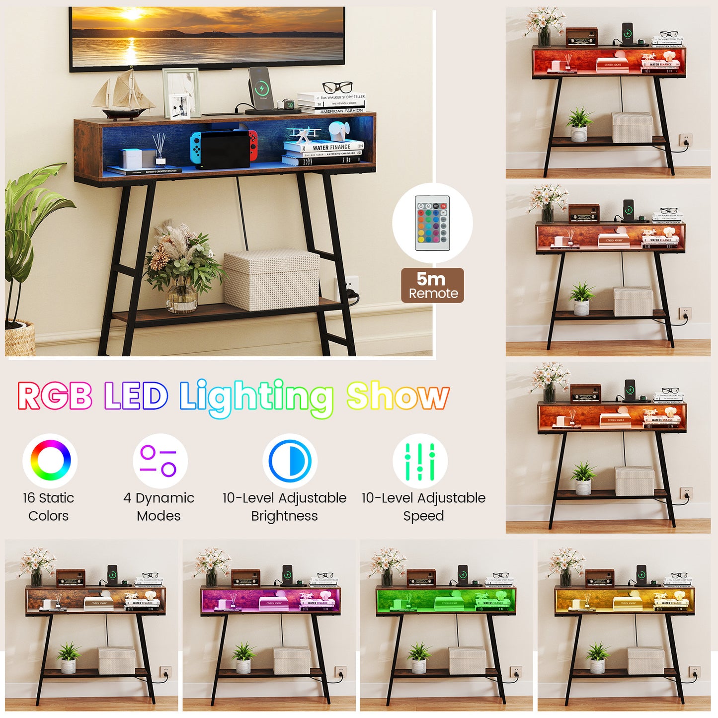 3-Tier Console Table with LED Light and Charging Station-Rustic Brown