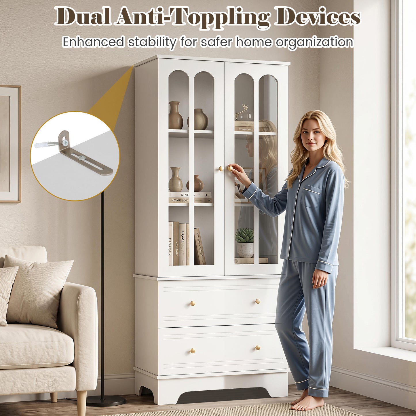 3-Tier Display Storage Cabinet with 2 Drawers and Metal Handles-White