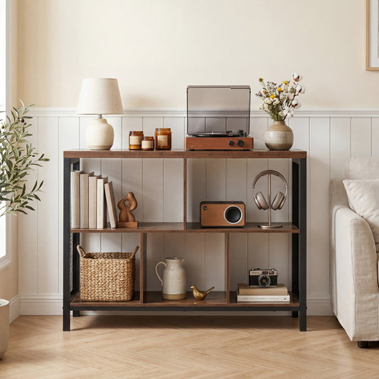 3-Tier Industrial Storage Organizer with 5 Cubes and Metal Frame-Rustic Brown
