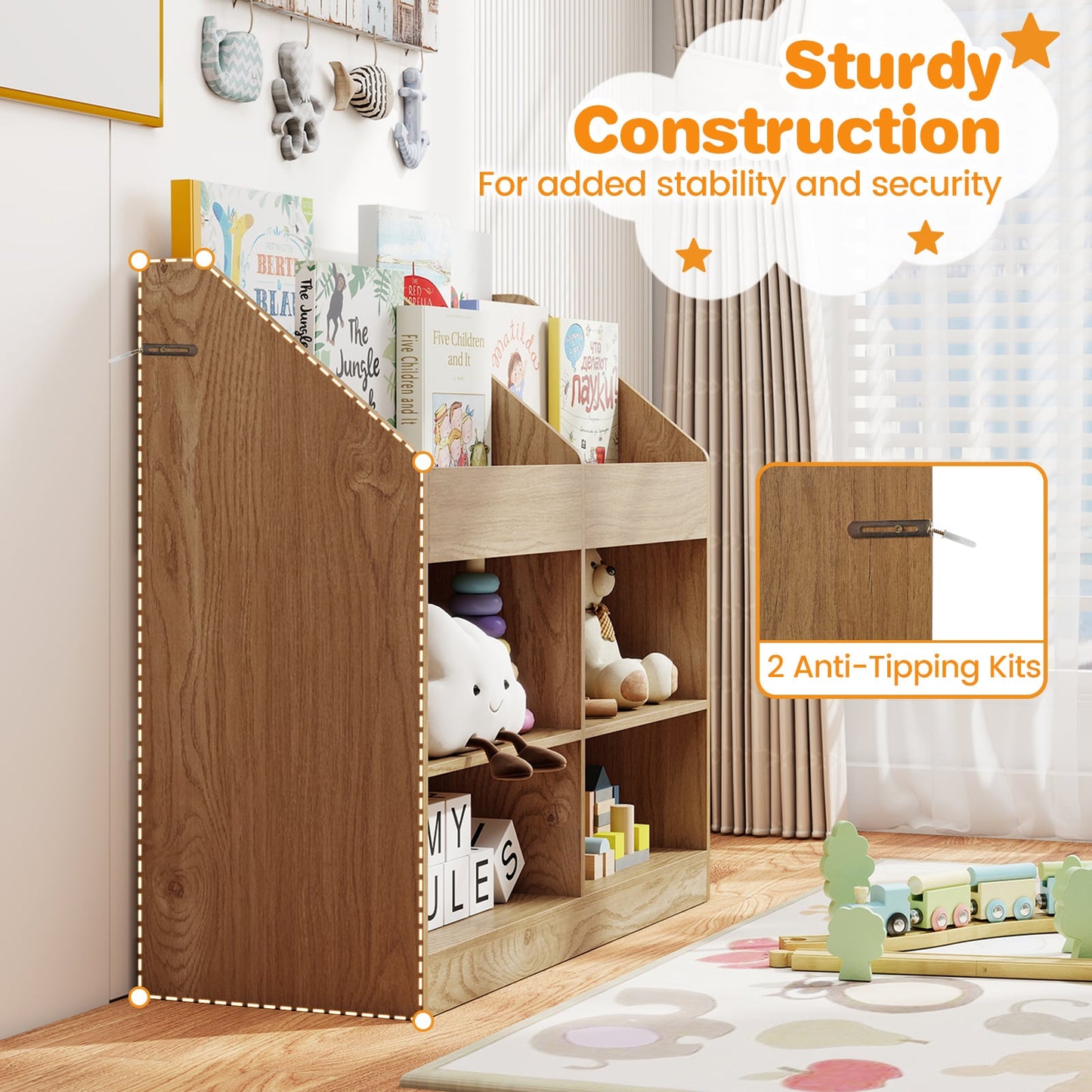 3-Tier Kid's Bookshelf with Display Rack and 4 Compartments for Kids Room-Natrual