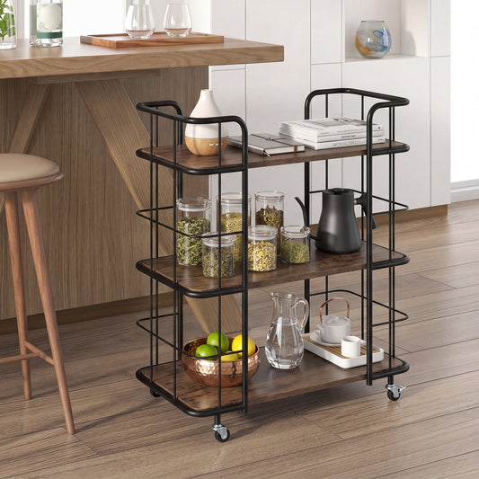 3-Tier Rolling Buffet Serving Cart with Lockable Wheels and Metal Frame-Rusticbrown