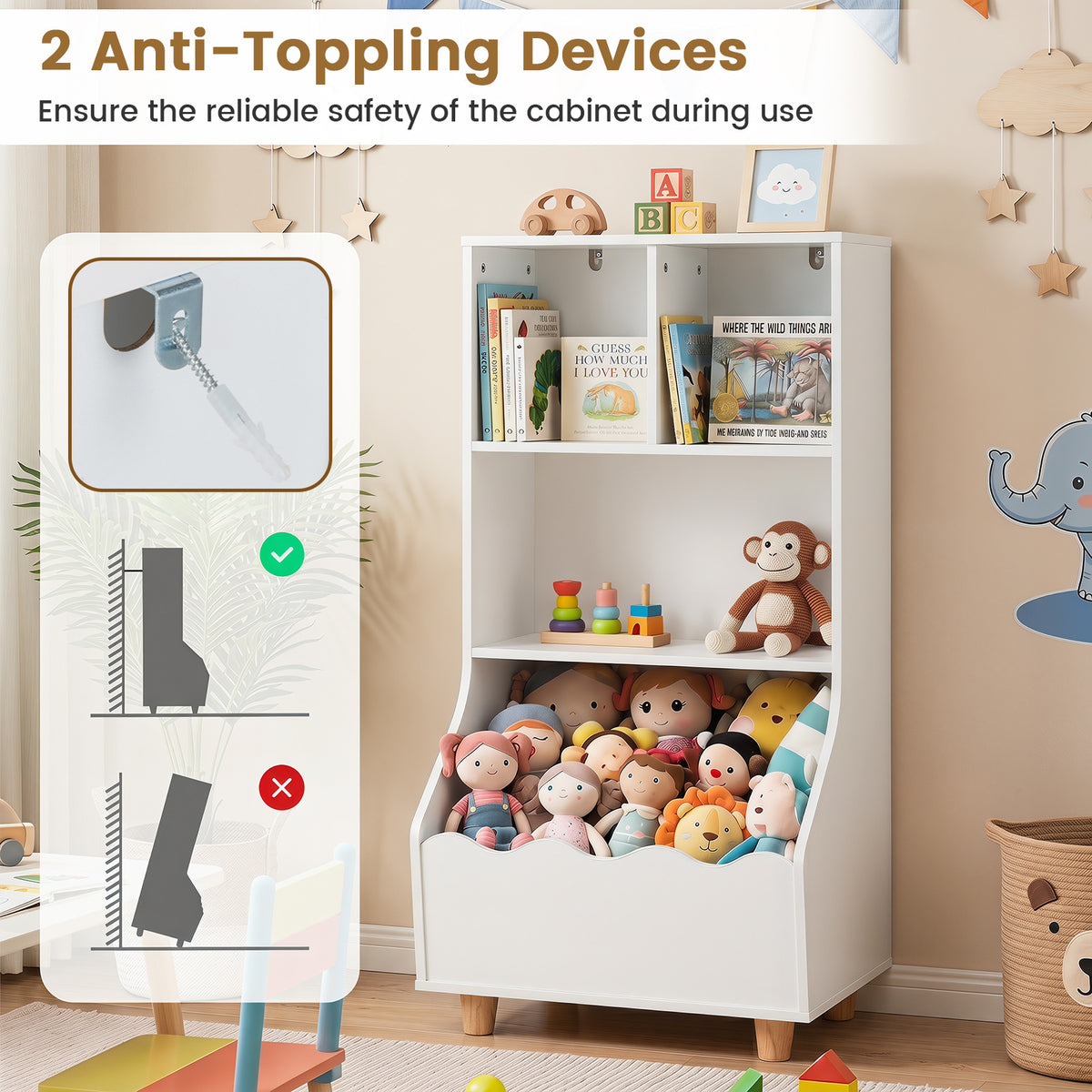 3-Tier Wooden Bookshelf with 2 Anti-Toppling Devices Top Surface and 3 Compartments-White