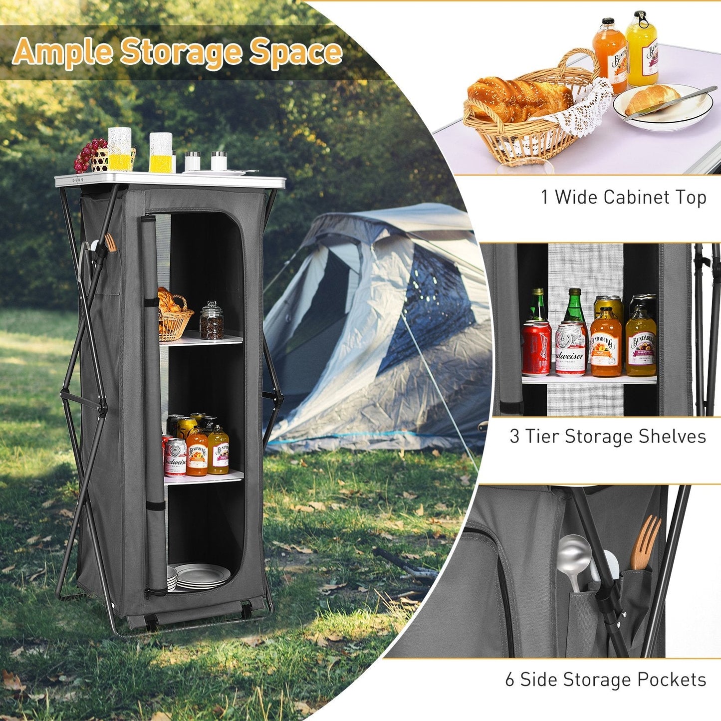 3-Tier Folding Camping Storage Cabinet with Side Pockets and Carry Bag-XL