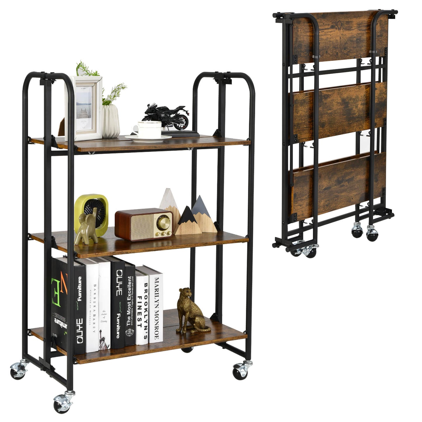 3-Tier Folding Kitchen Island Cart with Metal Frame