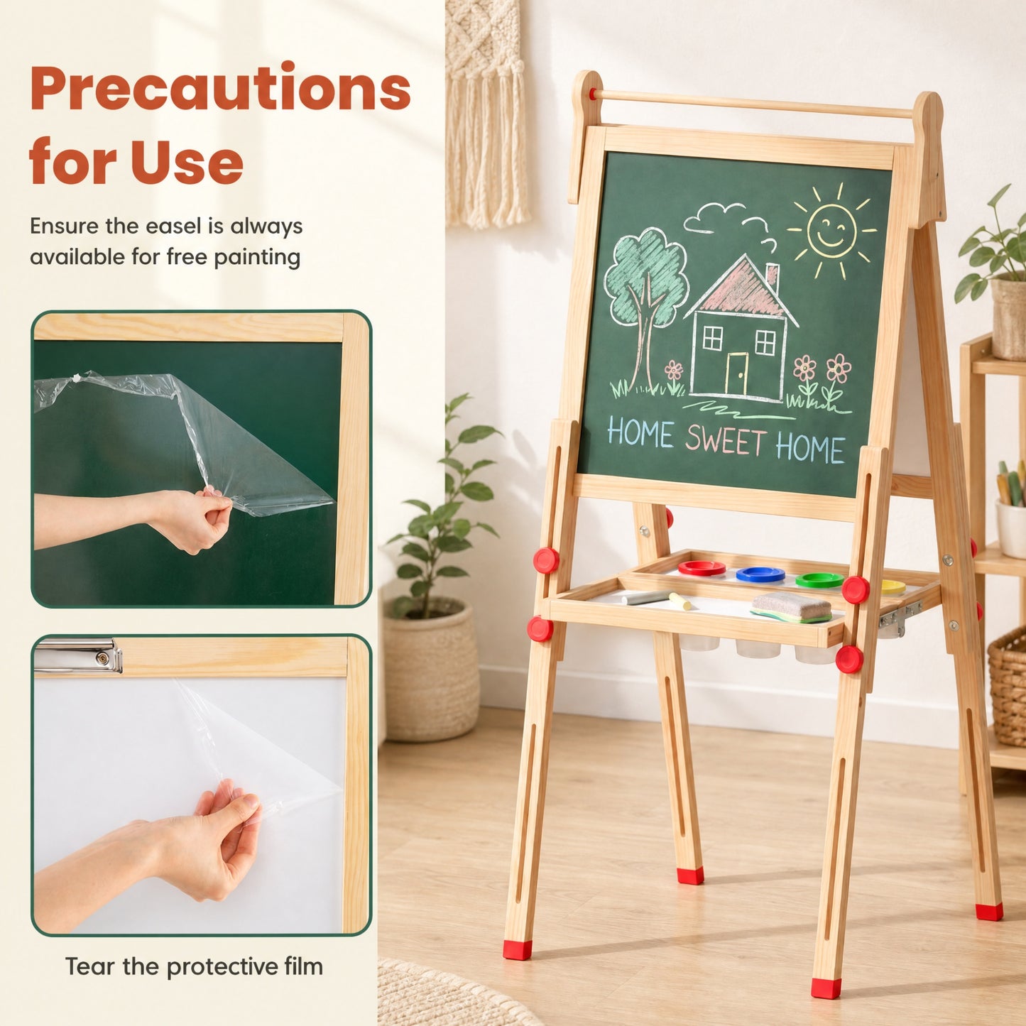 3 in 1 Foldable Wooden Art Easel with Whiteboard Chalkboard and Paper Roll-Natrual