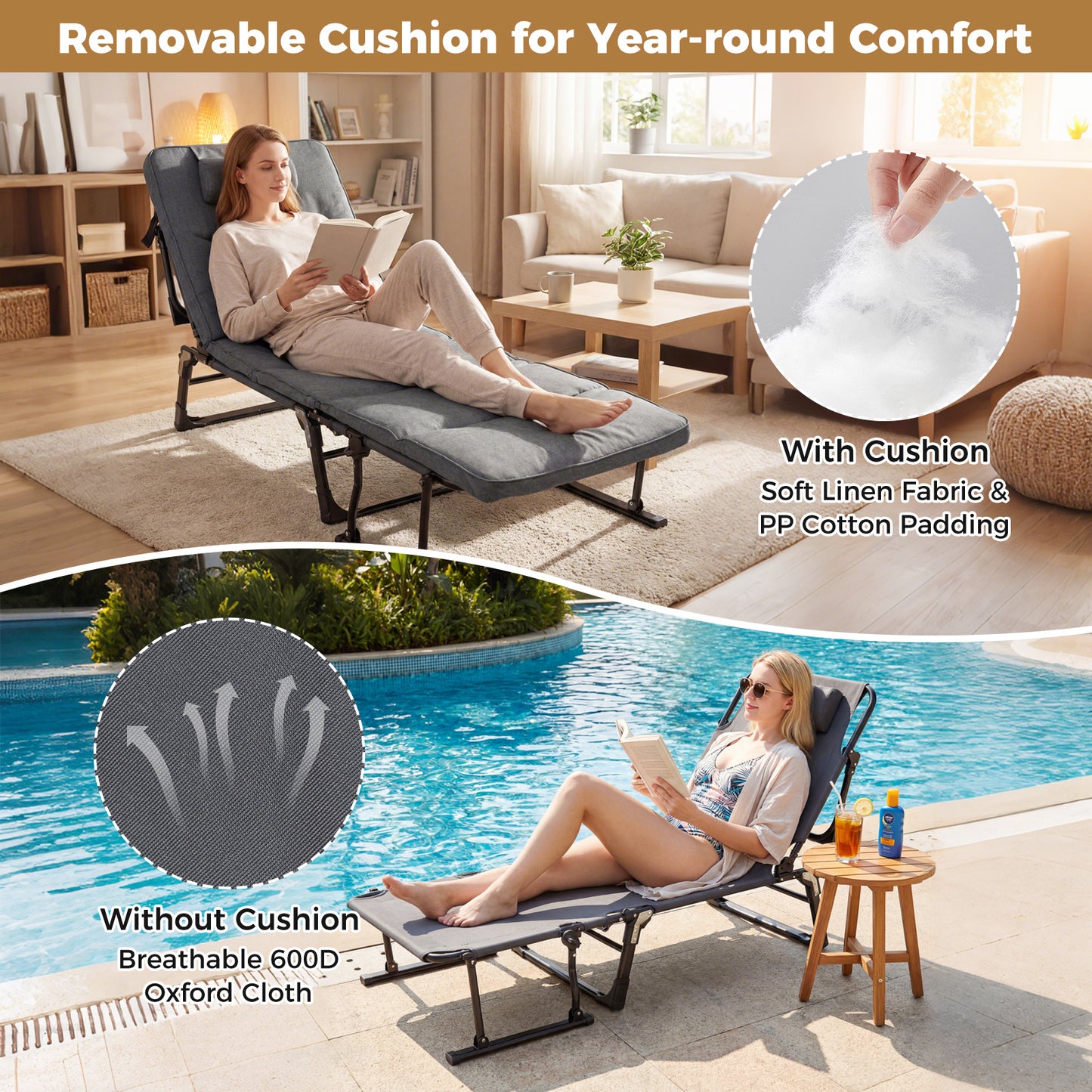 3-in-1 Folding Camping Cot with Removable Mattress and Flip-up Pillow-Grey