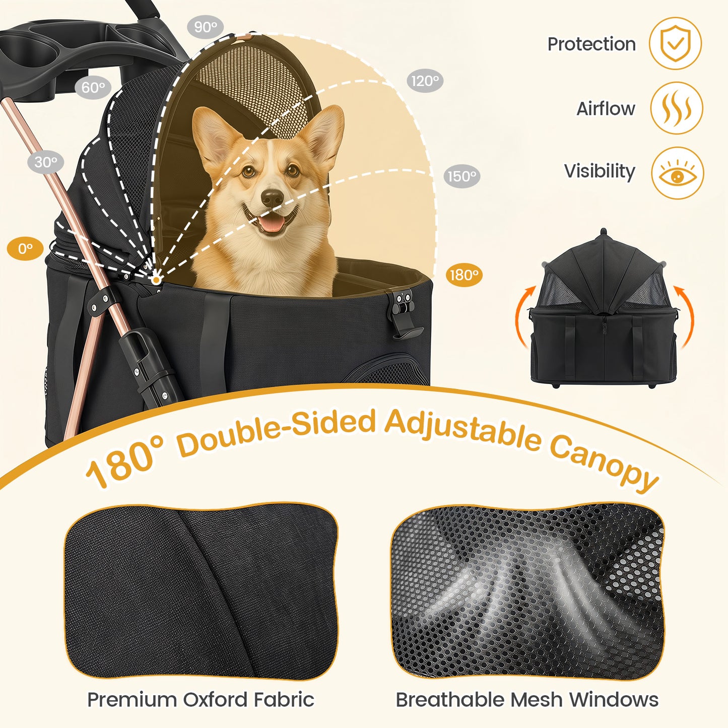 3-in-1 Pet Stroller for Small Medium Dogs with Detachable Carrier Cup Holder and Storage Basket-PW10185BK
