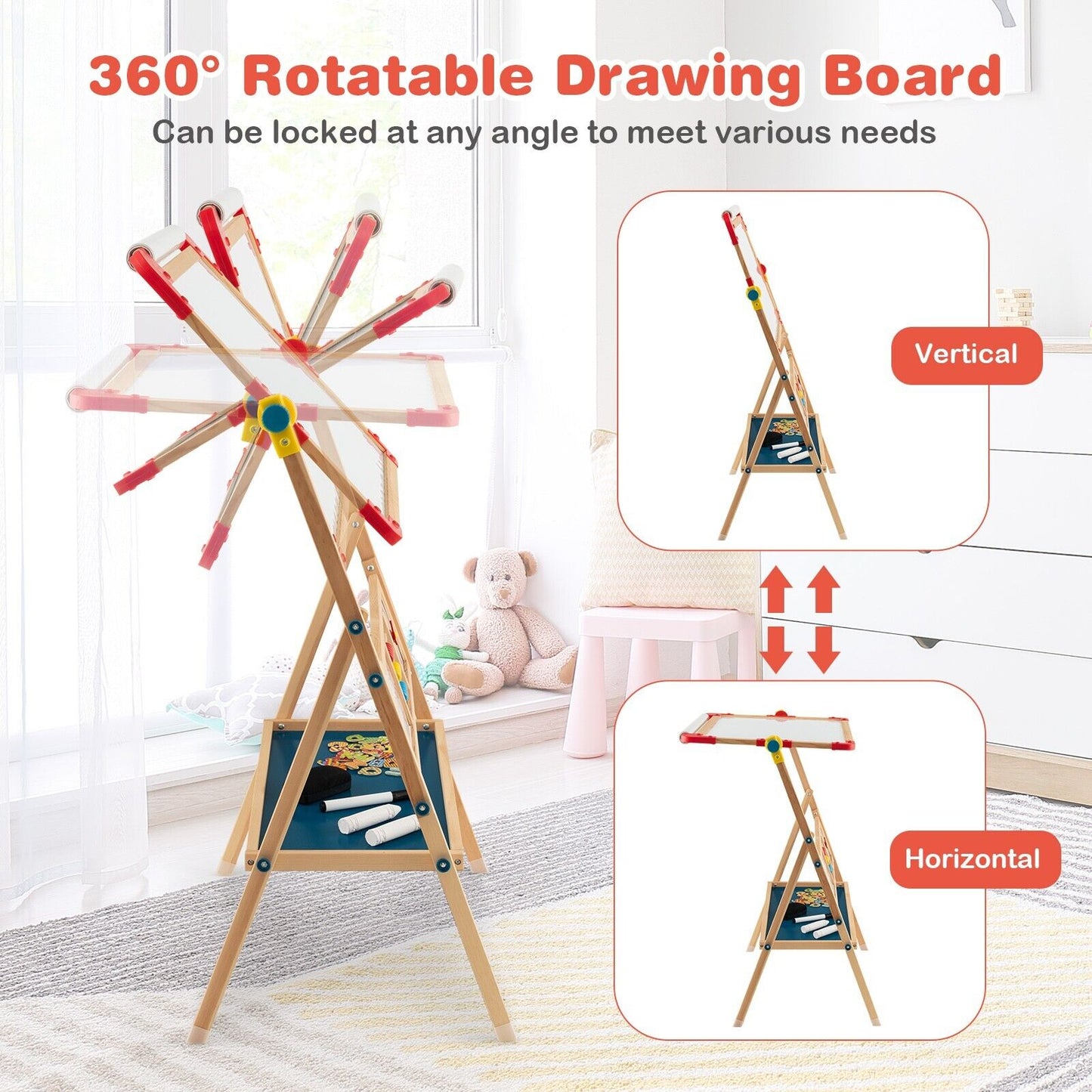 3-in-1 Freestanding Kids Art Easel with Double-sided Drawing Board