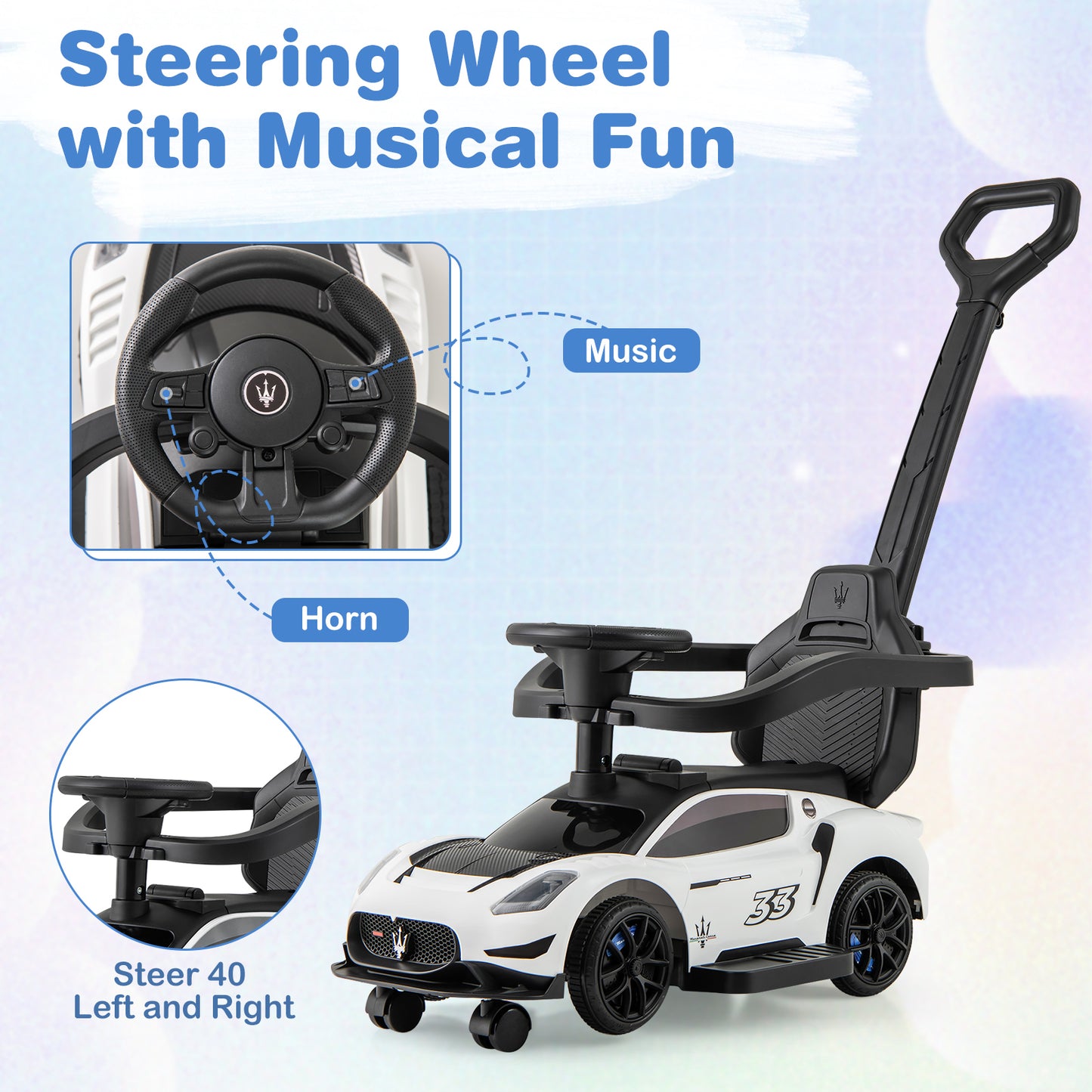 3-in-1 Ride on Push Car with 2 Universal Wheels, Music Steering, Guardrail and Handlebar-White