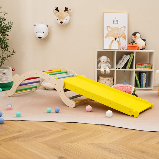 3-In-1 Wooden Climber with Ramp Toddler Climber Arch-Multicolor