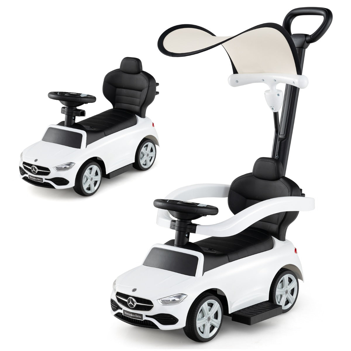 3-in-1 Ride on Push Car with Adjustable Canopy and Steering Push Bar-White