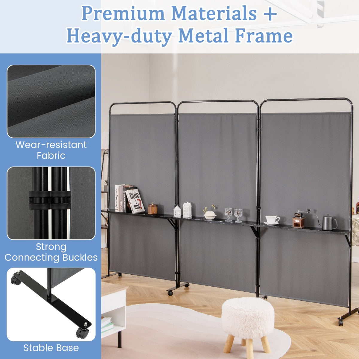 3-Panel 188cm Rolling Privacy Screen Folding Room Divider-Grey