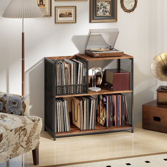 3-Tier Record Player Stand with Vinyl Storage and 3 Removable Dividers-Brown