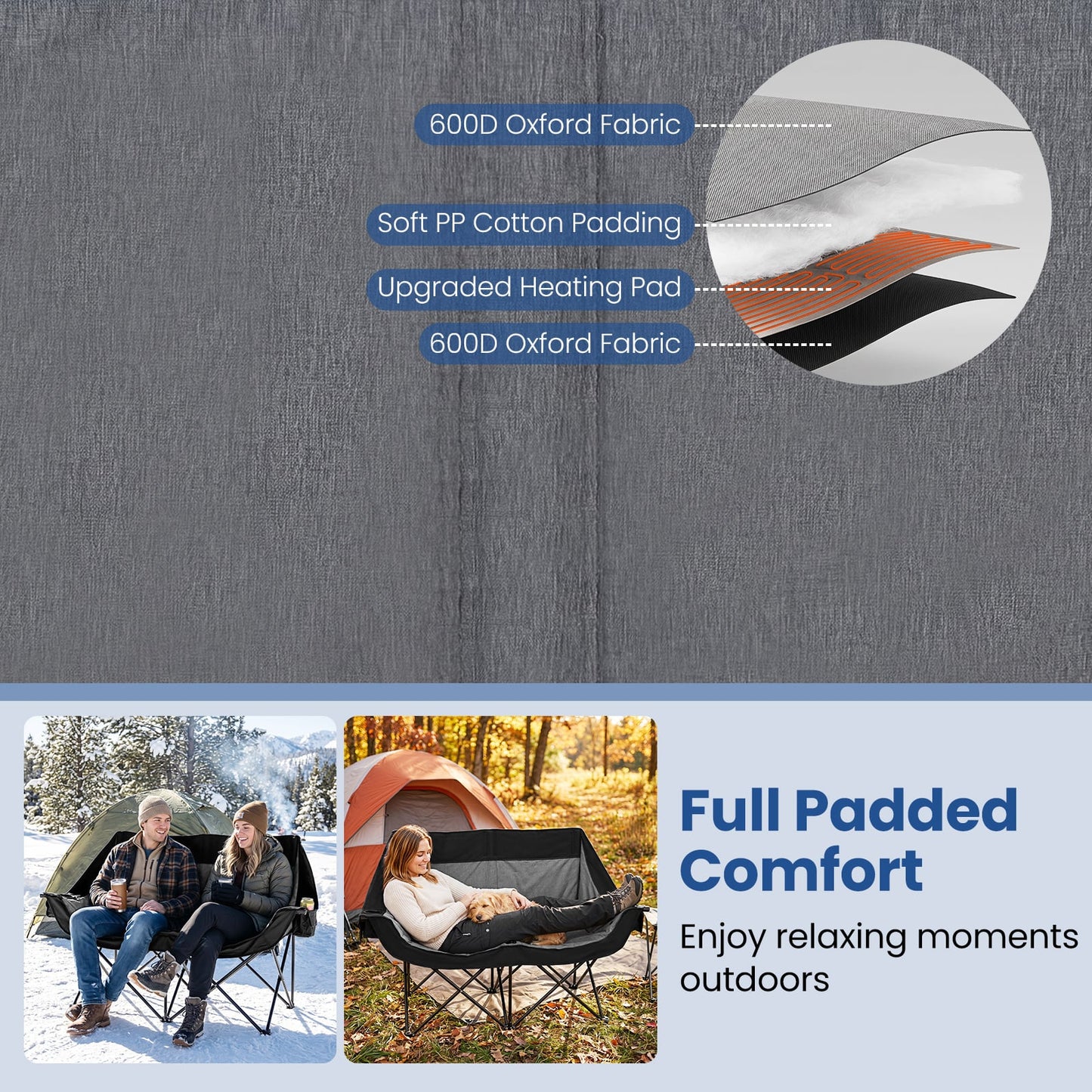 300 kg Heavy Duty Heated Double Camping Chair with 4 Heating Zones and 3 Heat Levels-Black