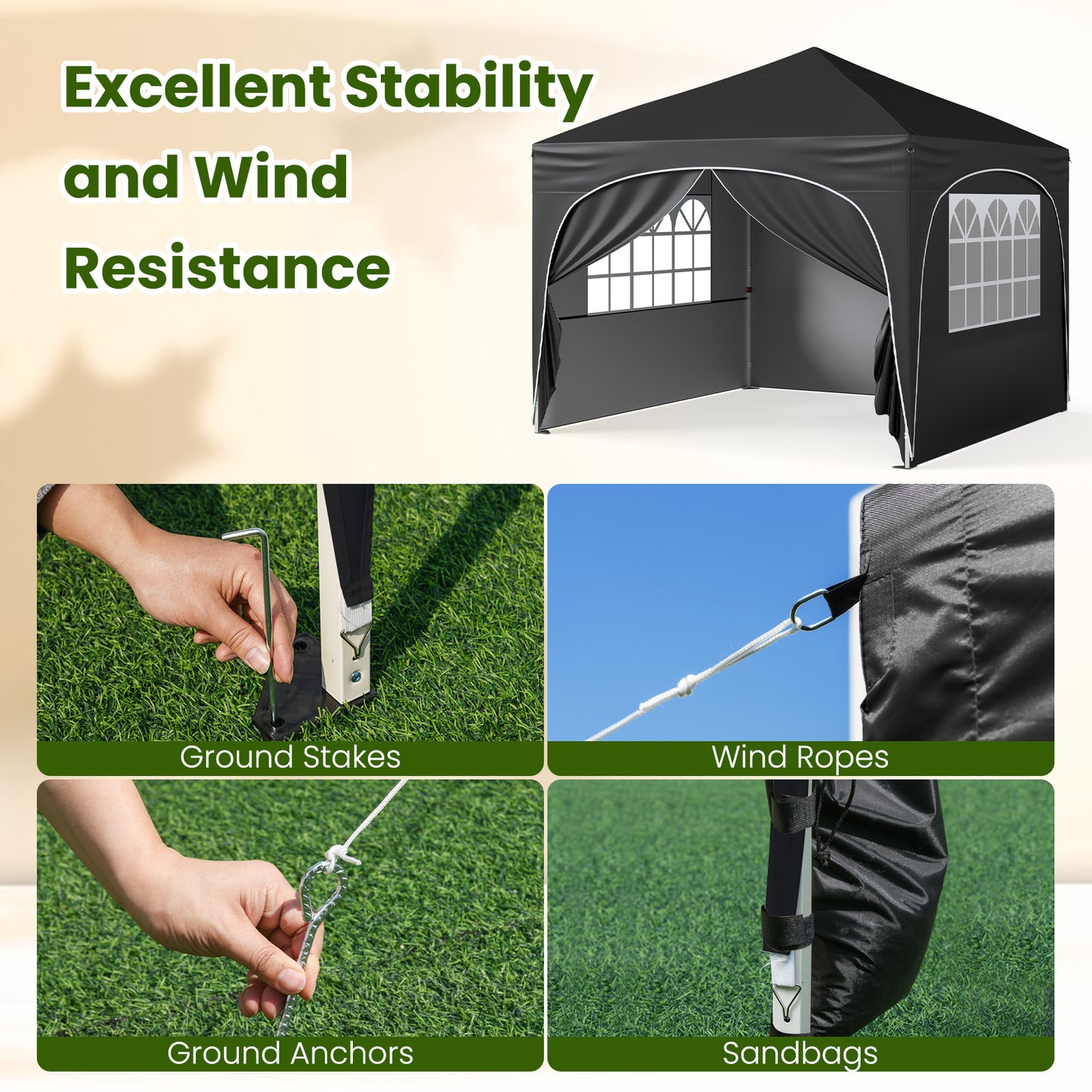 300 x 300 cm Pop up Canopy Tent with 4 Removable Sidewall and Wheeled Bag-Black