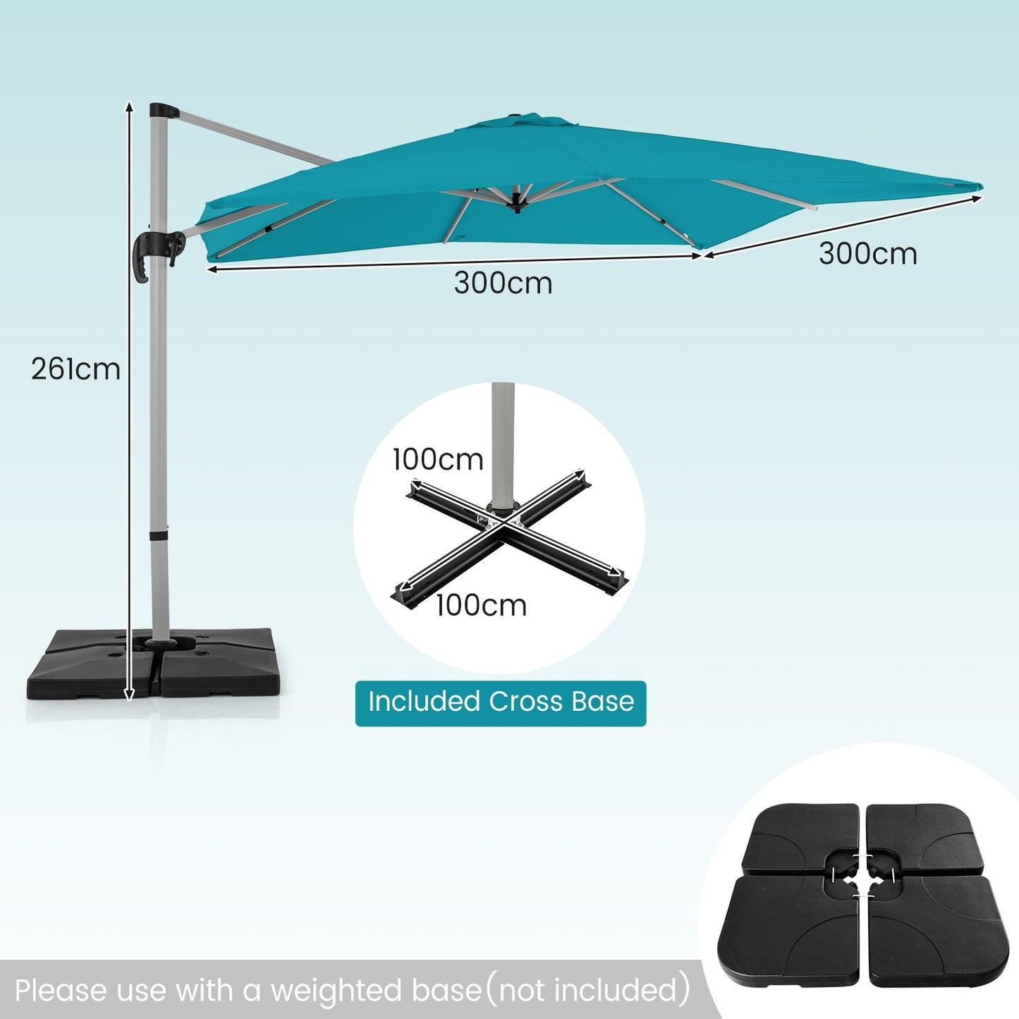 300cm Patio Cantilever Umbrella with 360° Rotation and Adjustable Tilt-Blue