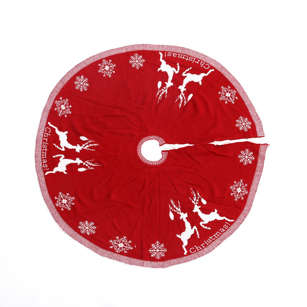 Rustic Red Knitted Double-Sided Christmas Tree Skirt with Snowflake and Reindeer Decor