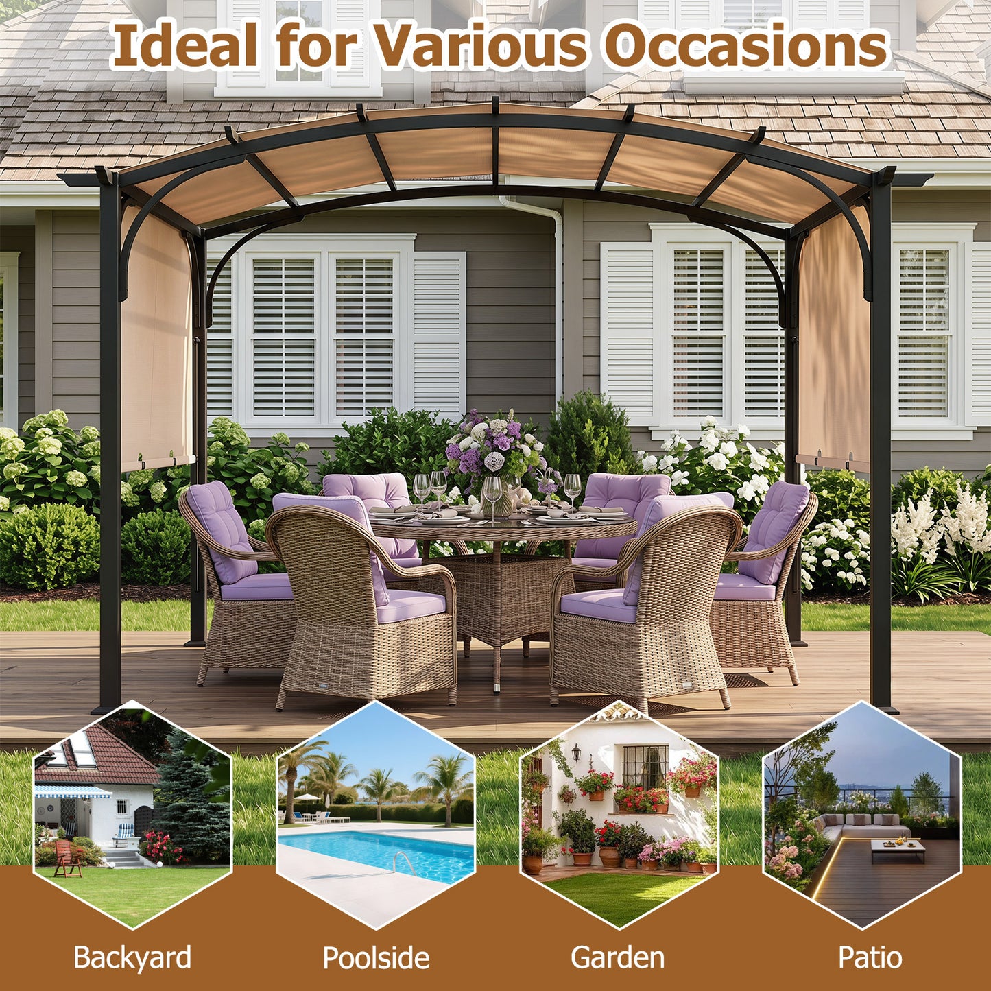 305 x 242 cm Outdoor Retractable Pergola with Metal Frame and Polyester Fabric-Beige