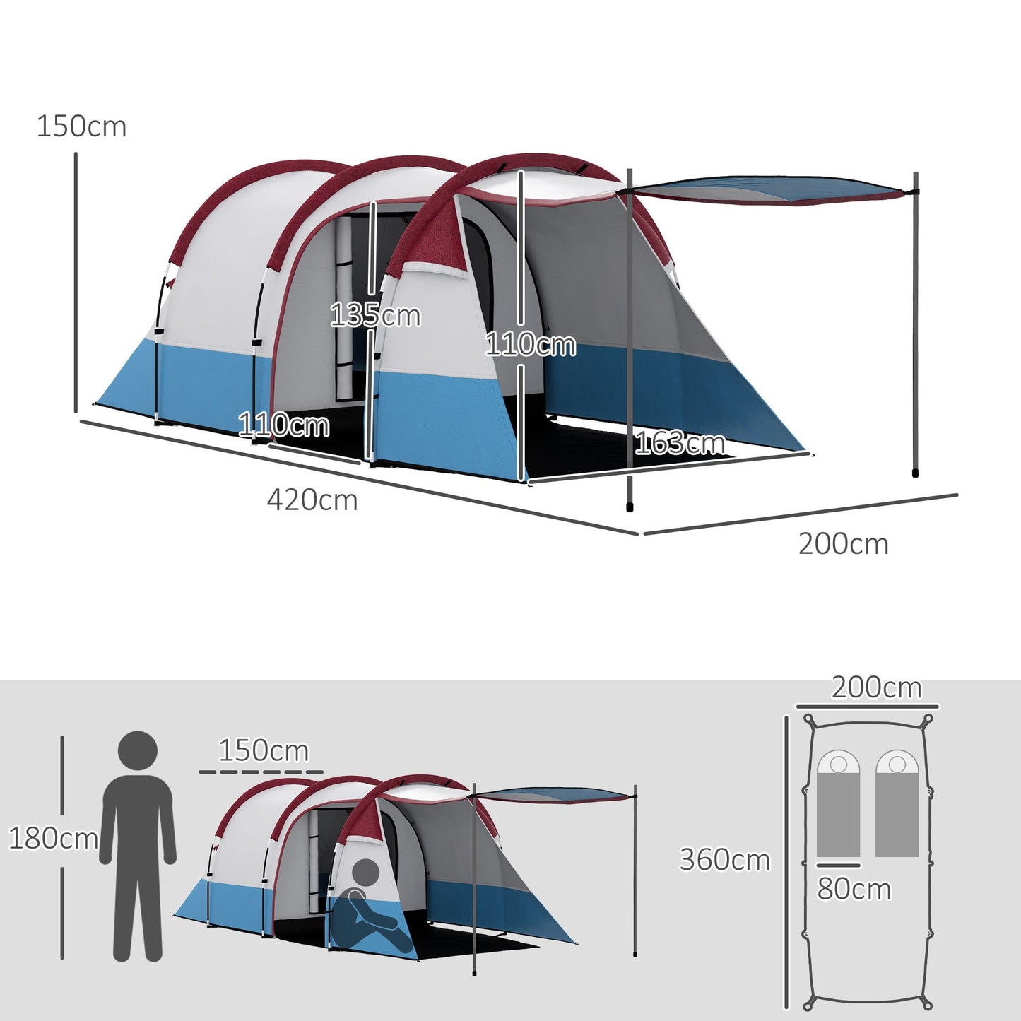 Outsunny Camping Tent, duży namiot tunelowy z sypialnią i częścią dzienną, 2000 mm wodoodporności, przenośny z torbą dla 2-3 osób, czerwony
