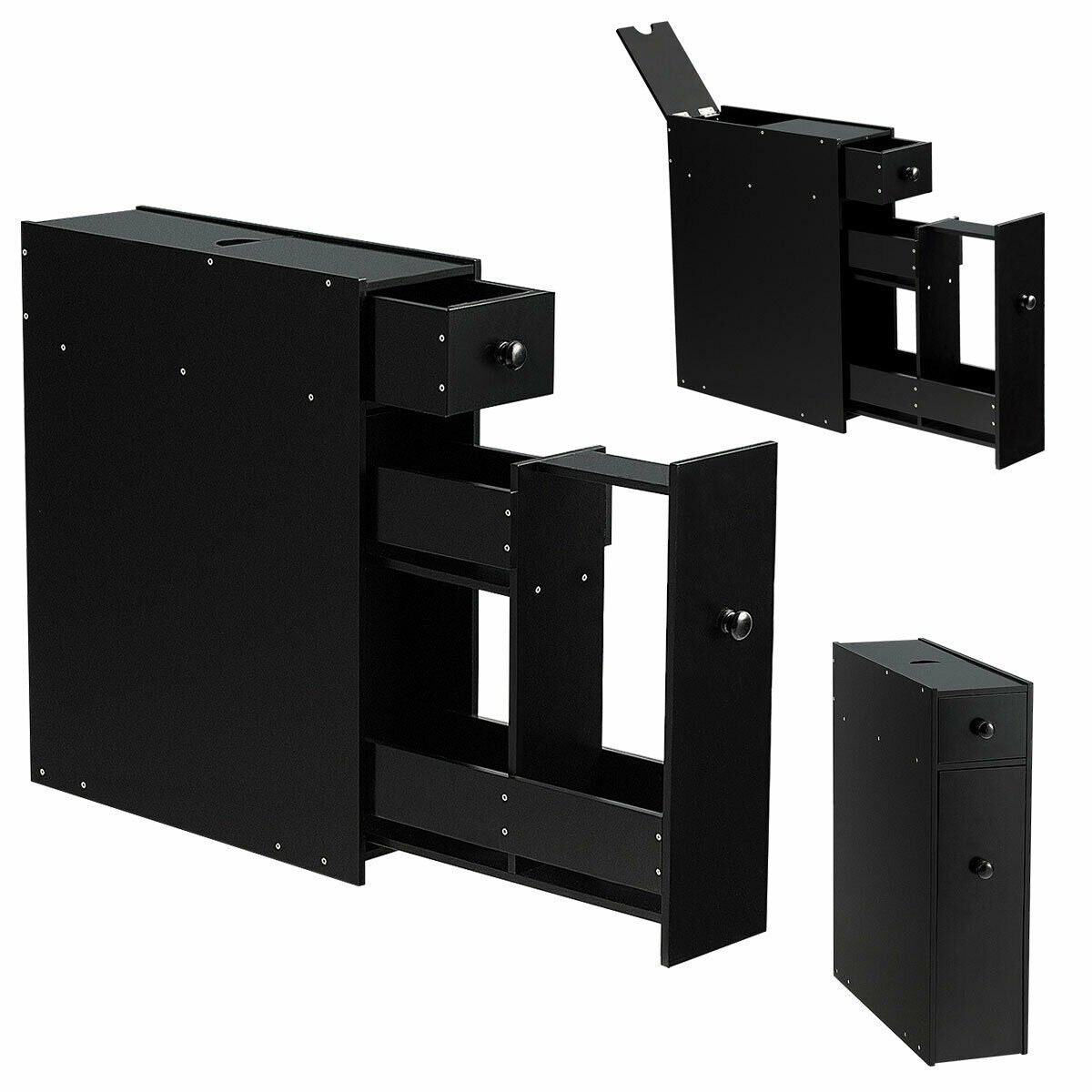 Slim Storage Cabinet with Slide-out Drawers and Flip-open Top Cover-Black