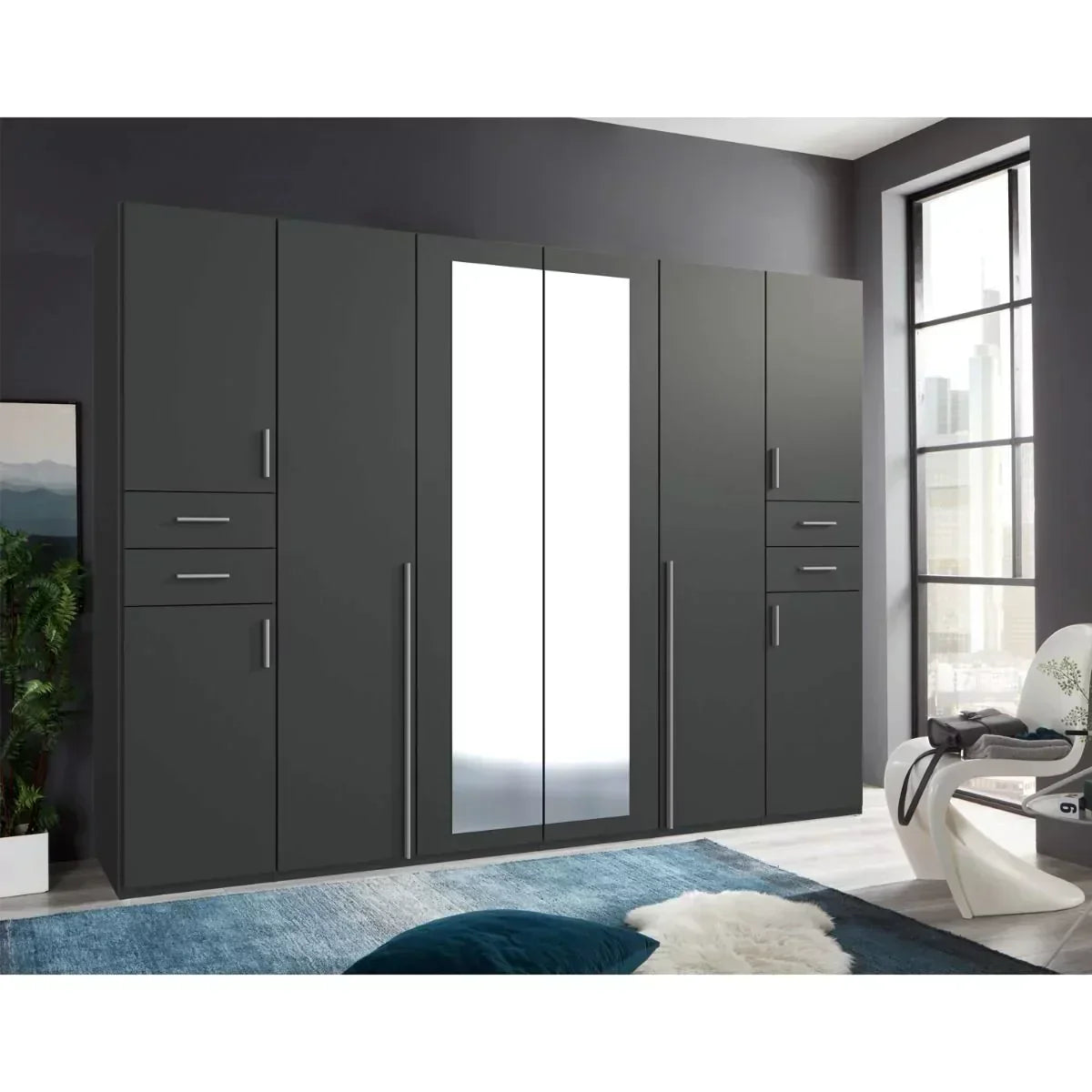 FENTON 6 Door Mirrored Wardrobe Finish Graphite 270cm