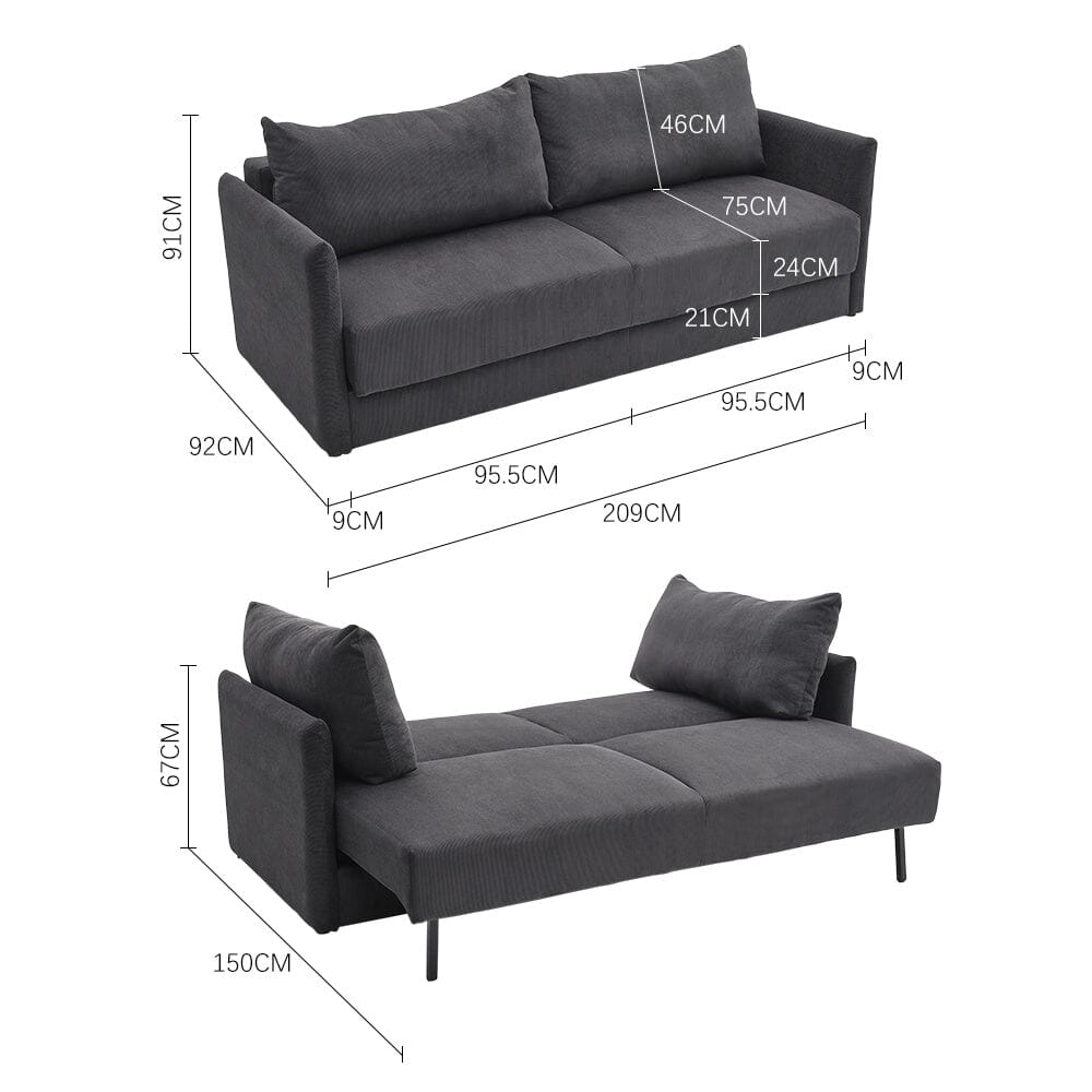 Grey 3-Seater Sleeper Sofa Bed polyester/corduroy