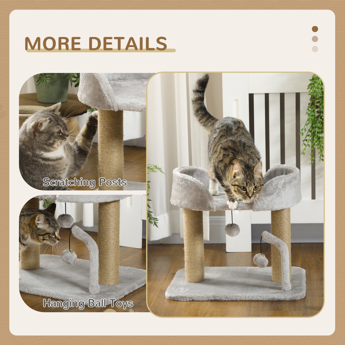 PawHut 42cm Indoor Cat Tree, with Toy Balls, Jute Scratching Post - Light Grey