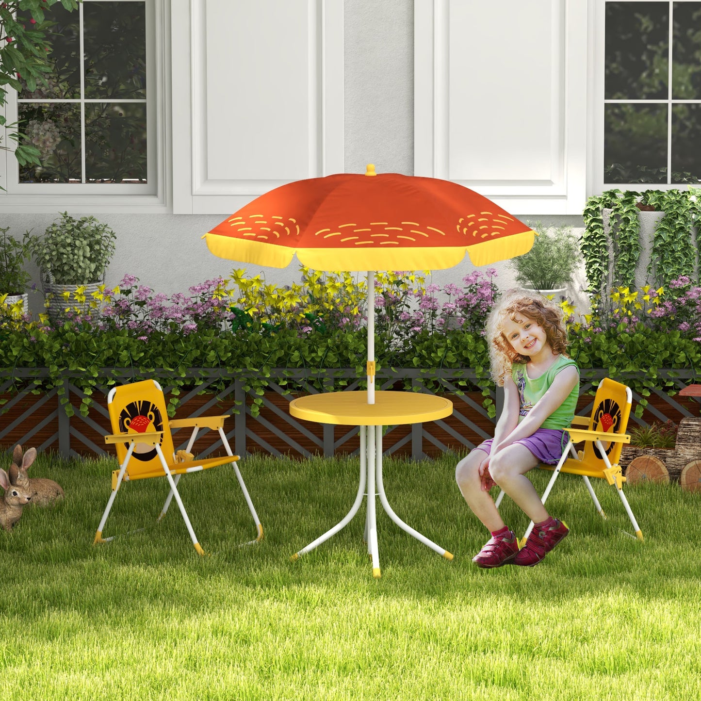 Zestaw piknikowy Outsunny Kids, stół i krzesła, meble ogrodowe z motywem lwa, składane krzesła, regulowany parasol - żółty
