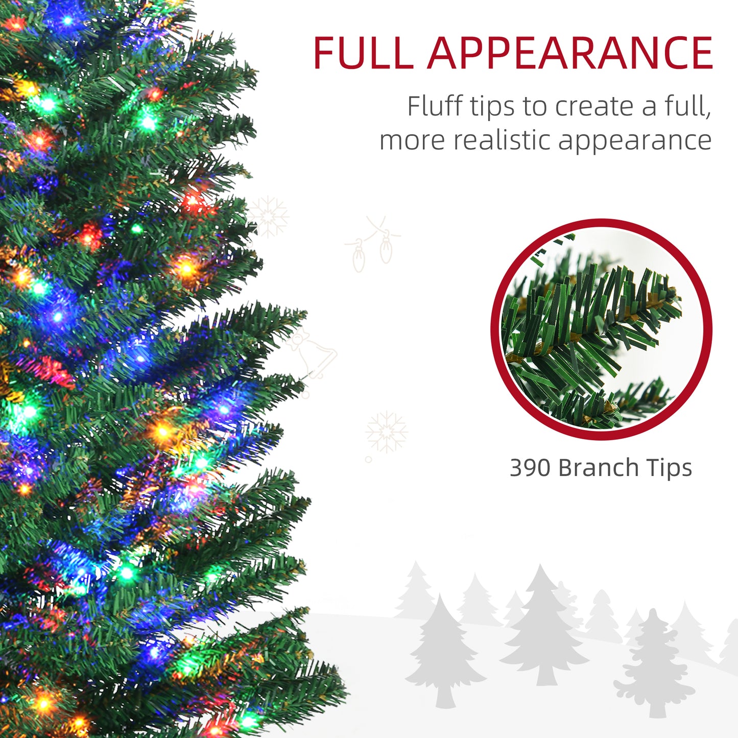 HOMCOM 6' Artificial Prelit Christmas Trees Holiday Décor with Colourful LED Lights, Pencil Shape, Steel Base