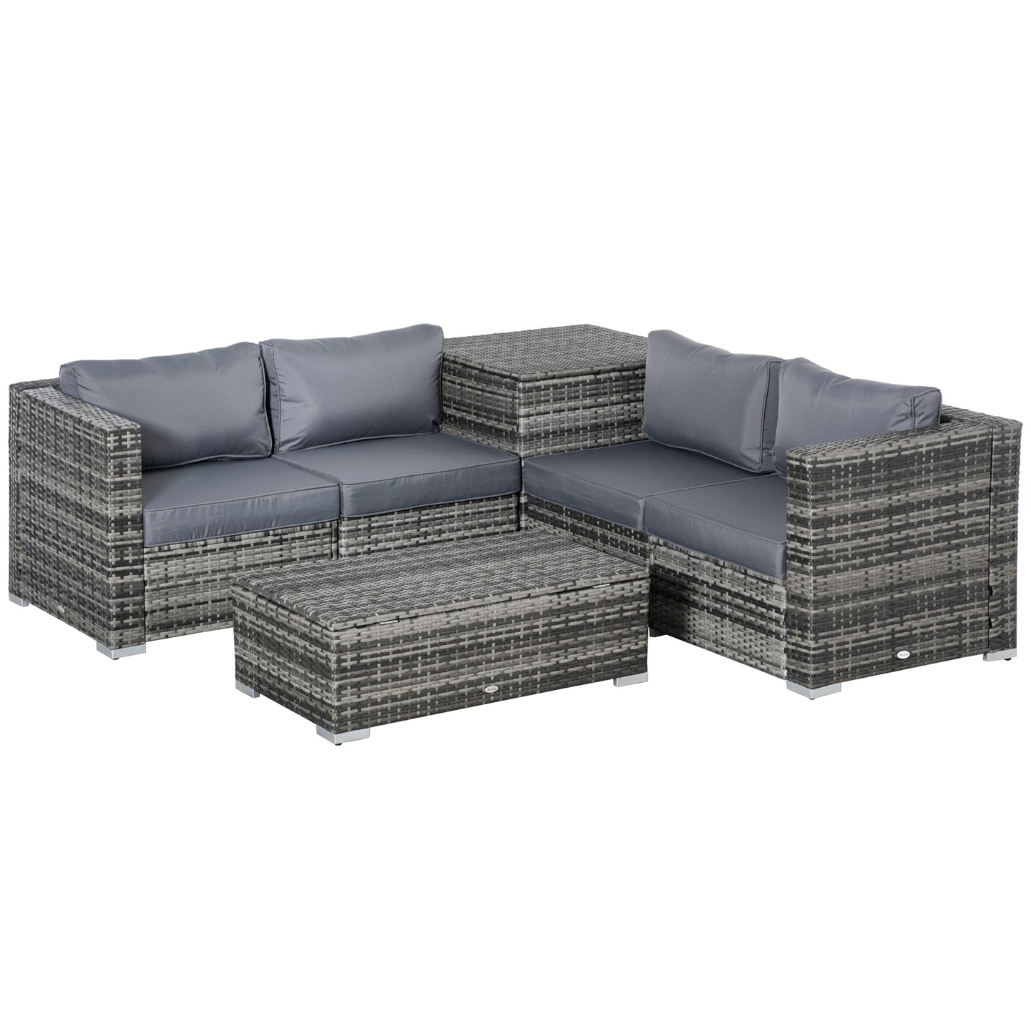 Outsunny 6PC Rattan Narożny Zestaw Sofa Wiklina 4 Miejsca Ogród Schowek Stolik Kawowy Konwersacja Ottoman Meble Zewnętrzne Tkane z Poduszką Szary