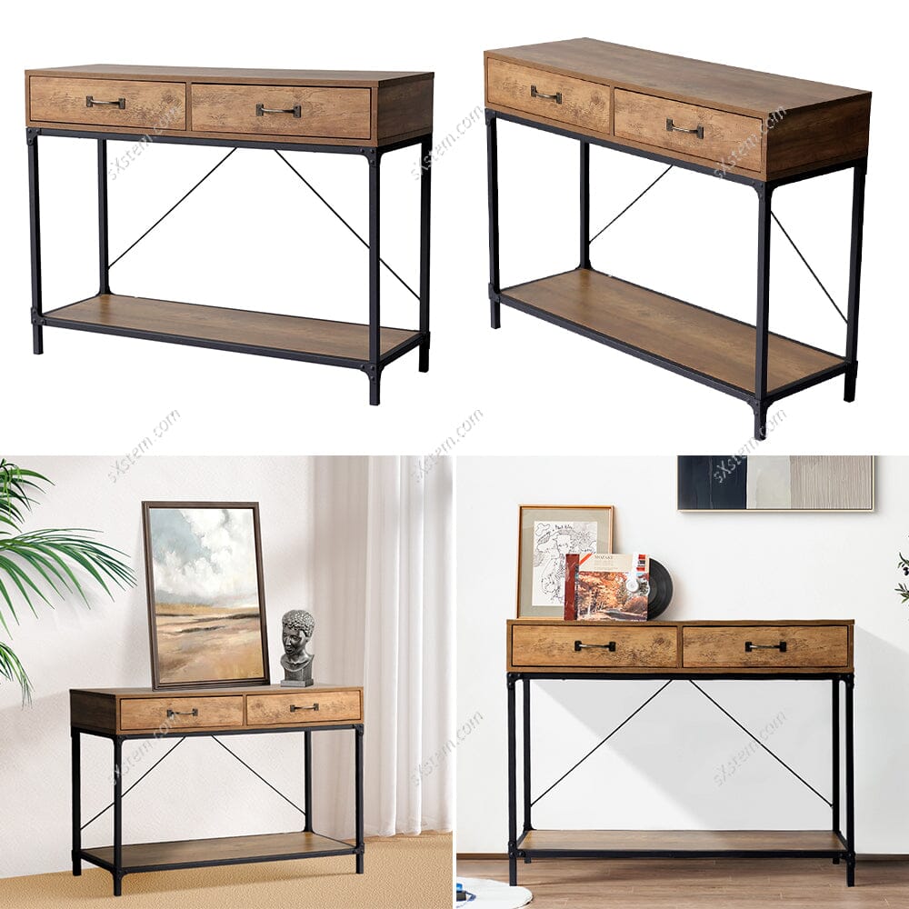 Industrial Wood Side Table with Drawers