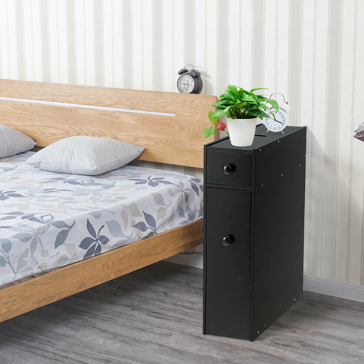 Slim Storage Cabinet with Slide-out Drawers and Flip-open Top Cover-Black