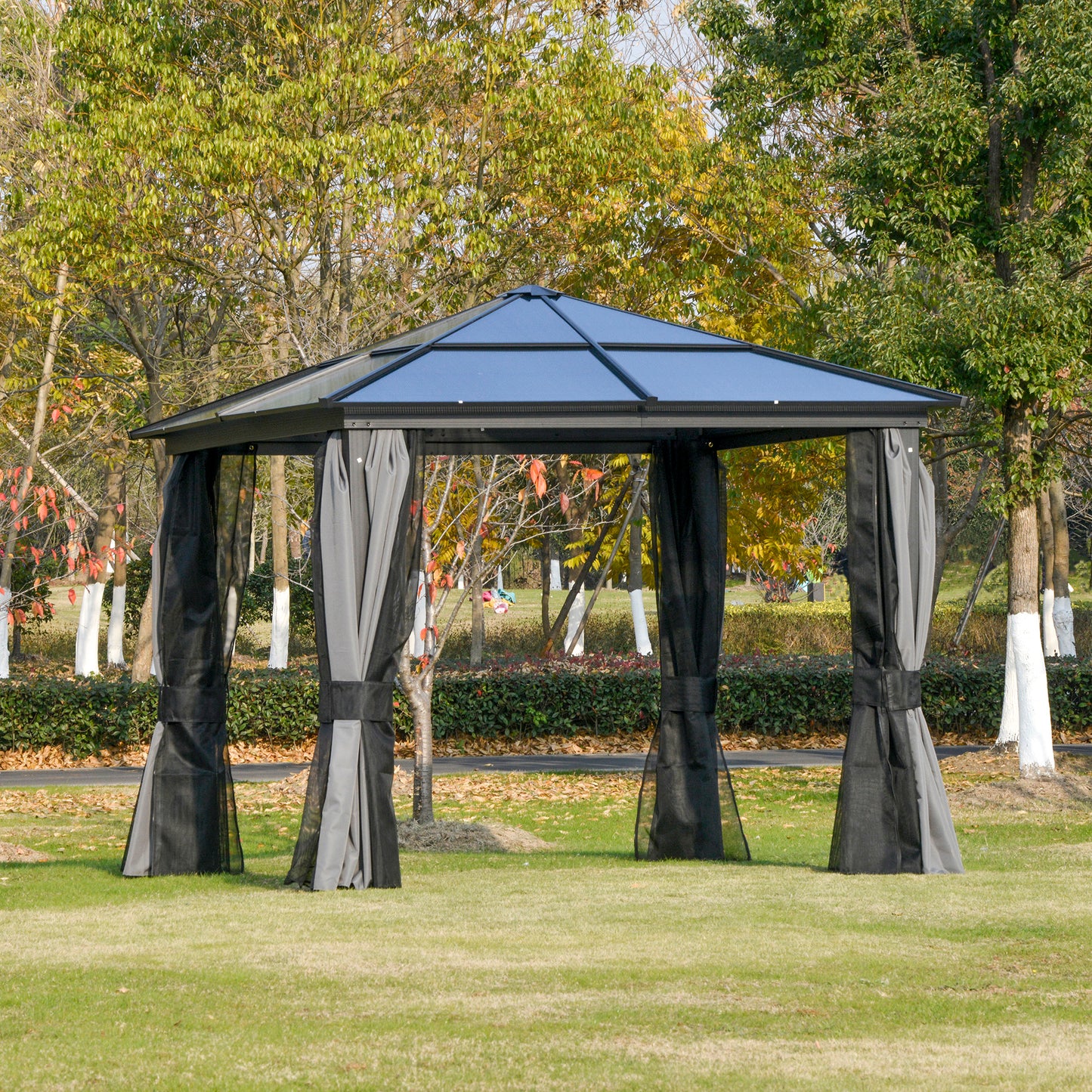 Outsunny 3 x 3(m) Hardtop Gazebo Canopy with Polycarbonate Roof, Aluminium Frame, Permanent Pavilion Garden Gazebo with Netting and Curtains for Patio, Deck, Dark Grey