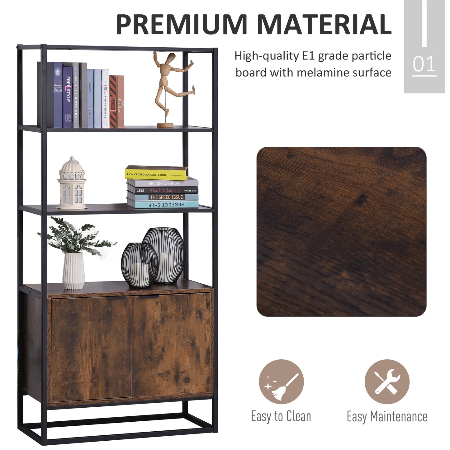 HOMCOM Industrial Bookshelf, Storage Shelf, Large Bookcase with 3 Open Shelves, Multifunctional Rack for Living Room, Office, Rustic Brown and Black
