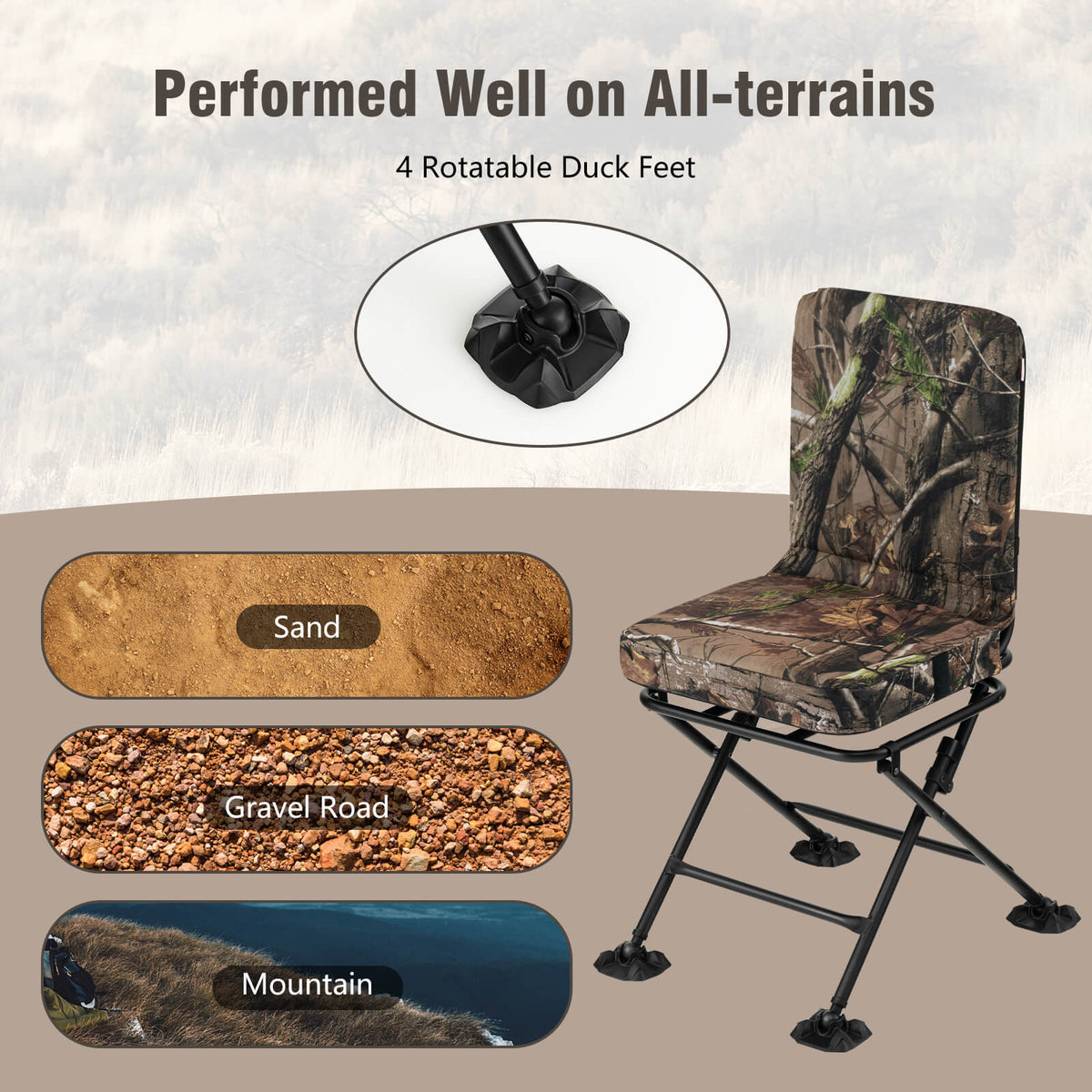 360° Swivel Folding Silent Hunting Chair with Padded Seat and Backrest-Camouflage
