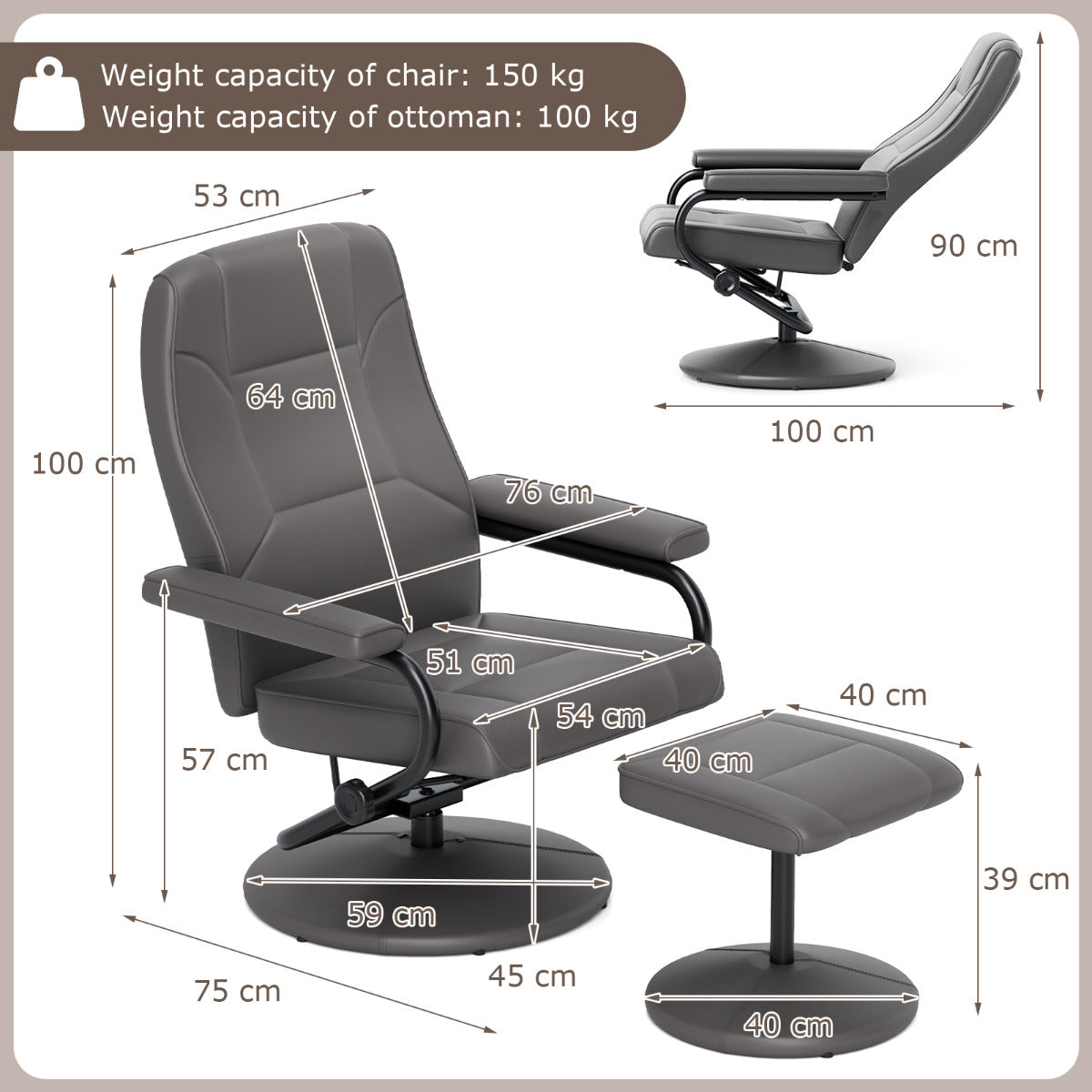 360° Swivel Reclining Chair with Ottoman and Adjustable Backrest-Grey