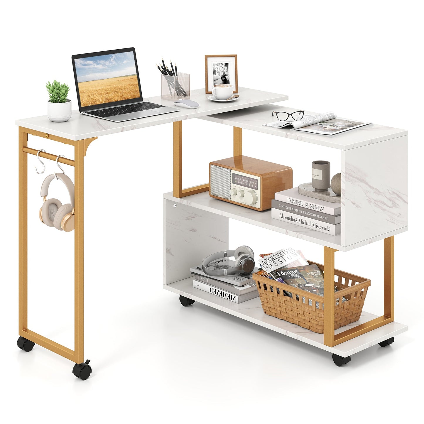 360° Sofa Side Table with Storage Bookcase and Hooks-White