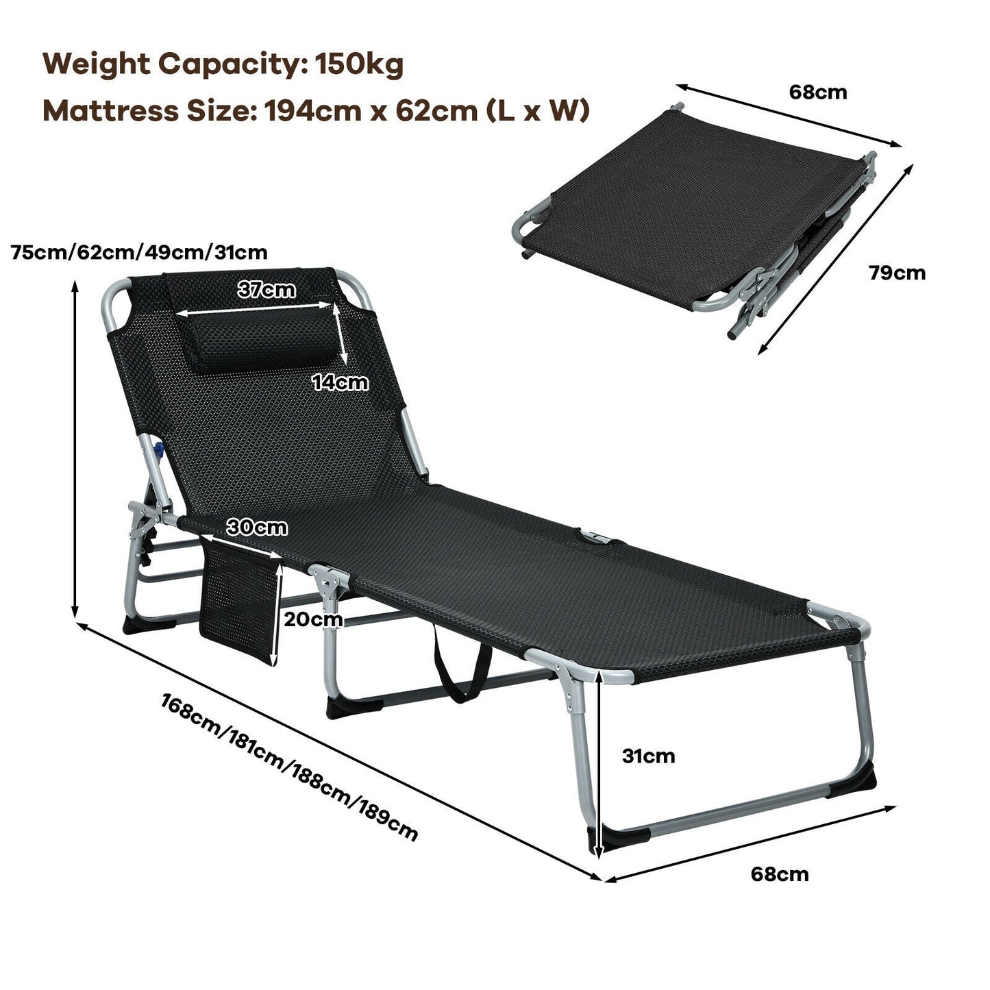 Adjustable Sun Lounger with Soft Mattress and Removable Pillow-Black