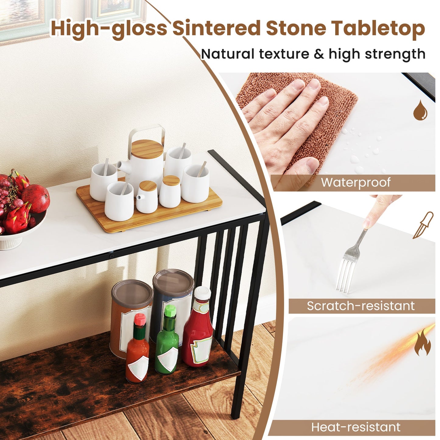 90 CM 2-Tier Industrial Console Foyer Table with Sintered Stone Tabletop