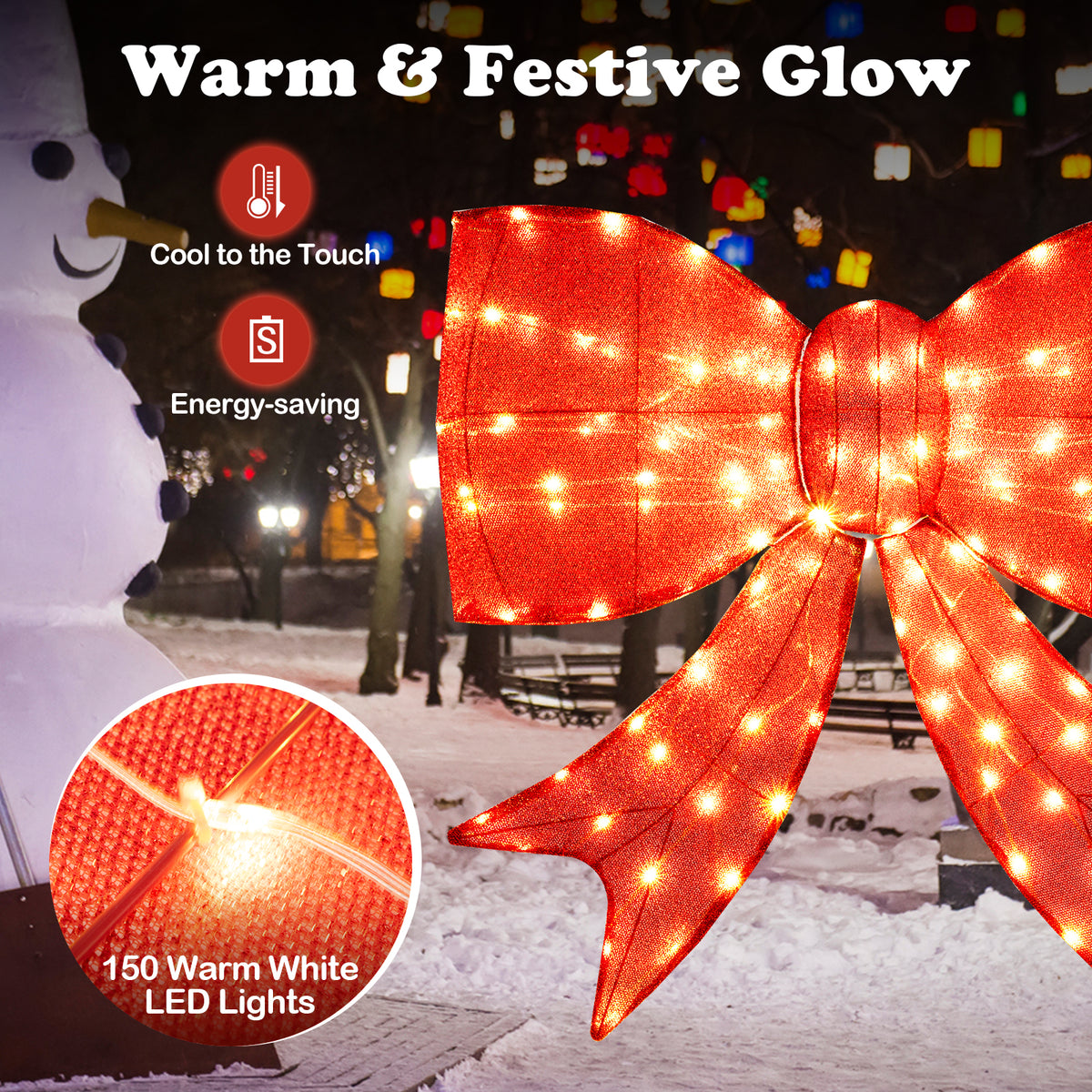 37 inch Lighted Christmas Bow Decoration with 150 Warm White LED Lights and 2 Hanging Rings