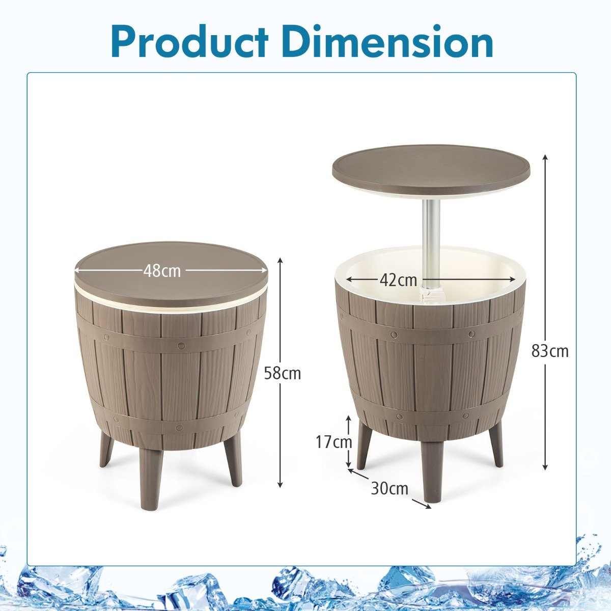 Outdoor Cooler Side Table with Telescopic Tabletop for Beer & Wine-Brown