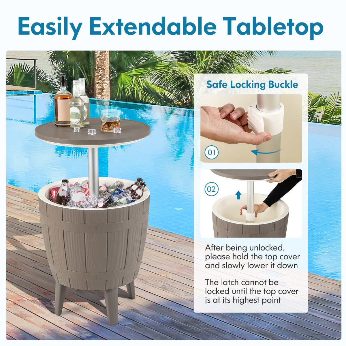 Outdoor Cooler Side Table with Telescopic Tabletop for Beer & Wine-Brown