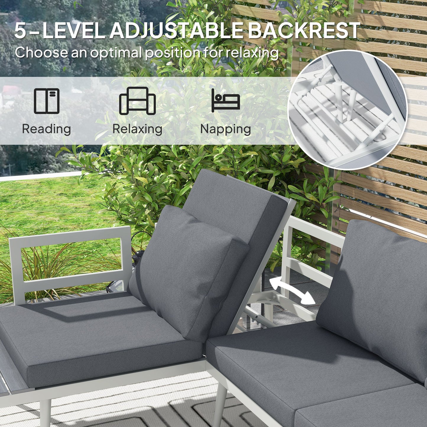 Zestaw mebli ogrodowych Outsunny 3-częściowy z 5-poziomową regulowaną leżanką, narożna sofa ogrodowa w kształcie litery L z poduszkami, siedzisko z siatki, stół z listew z drewna słojowego, zestaw mebli ogrodowych do ogrodu zimowego, szary