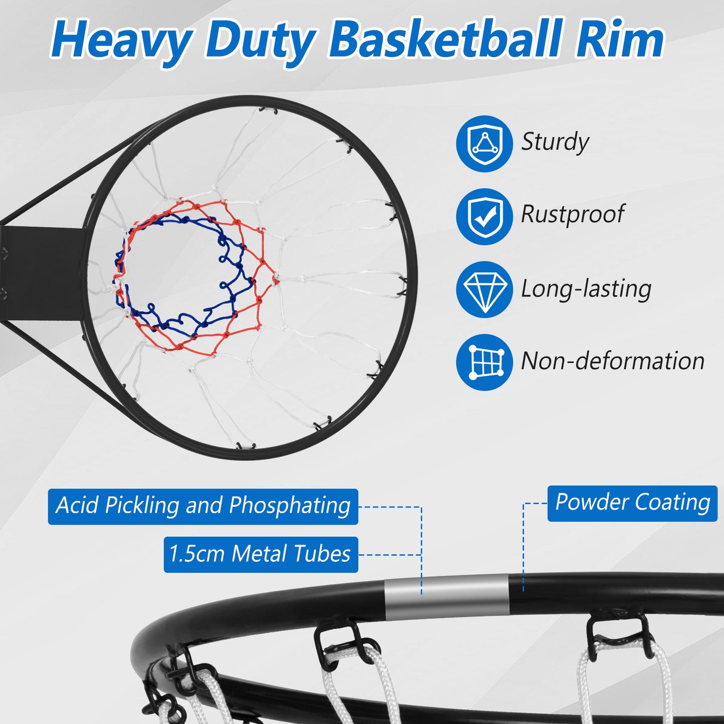 38 cm Heavy Duty Basketball Rim with All Weather Net and Mounting Hardware-Black
