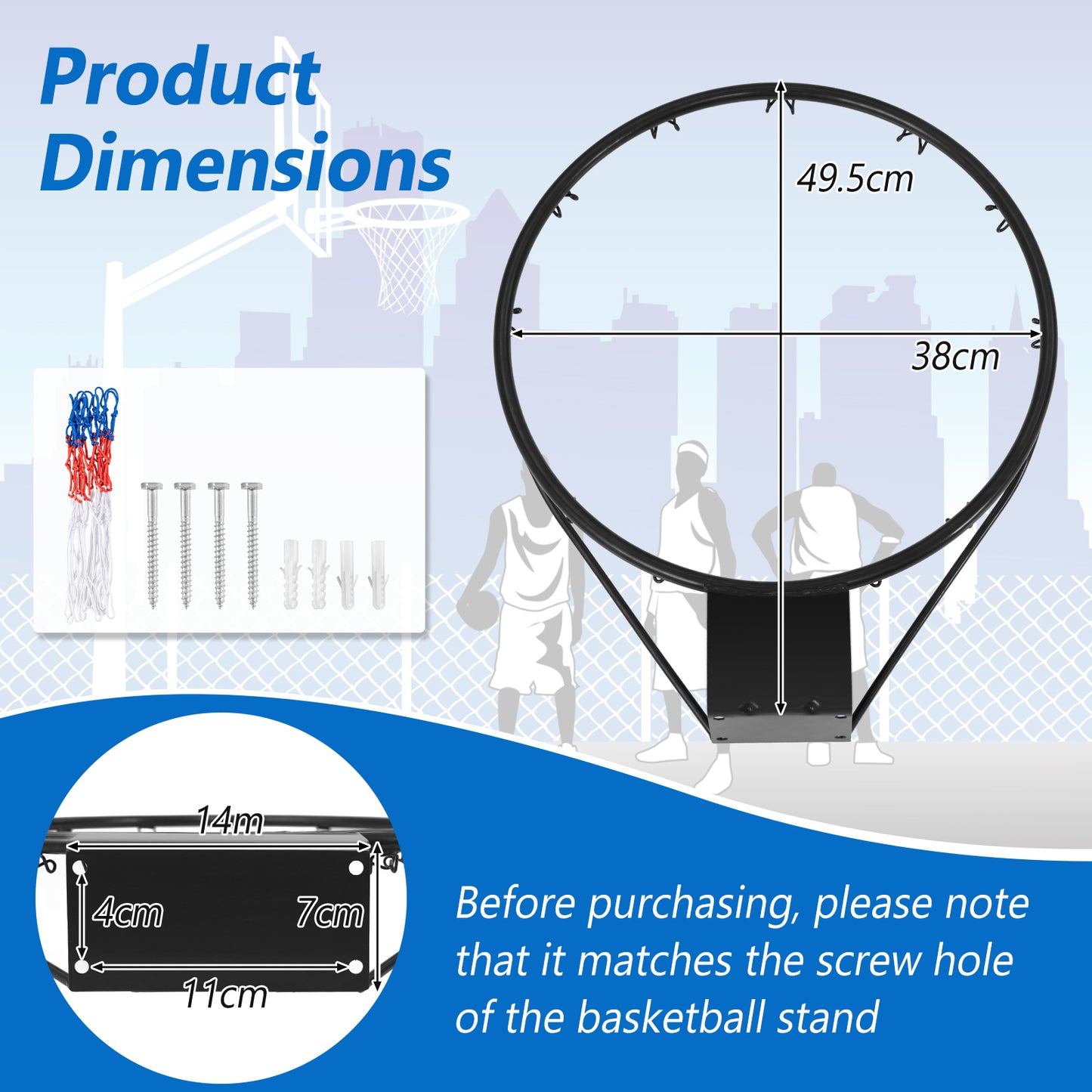 38 cm Heavy Duty Basketball Rim with All Weather Net and Mounting Hardware-Black